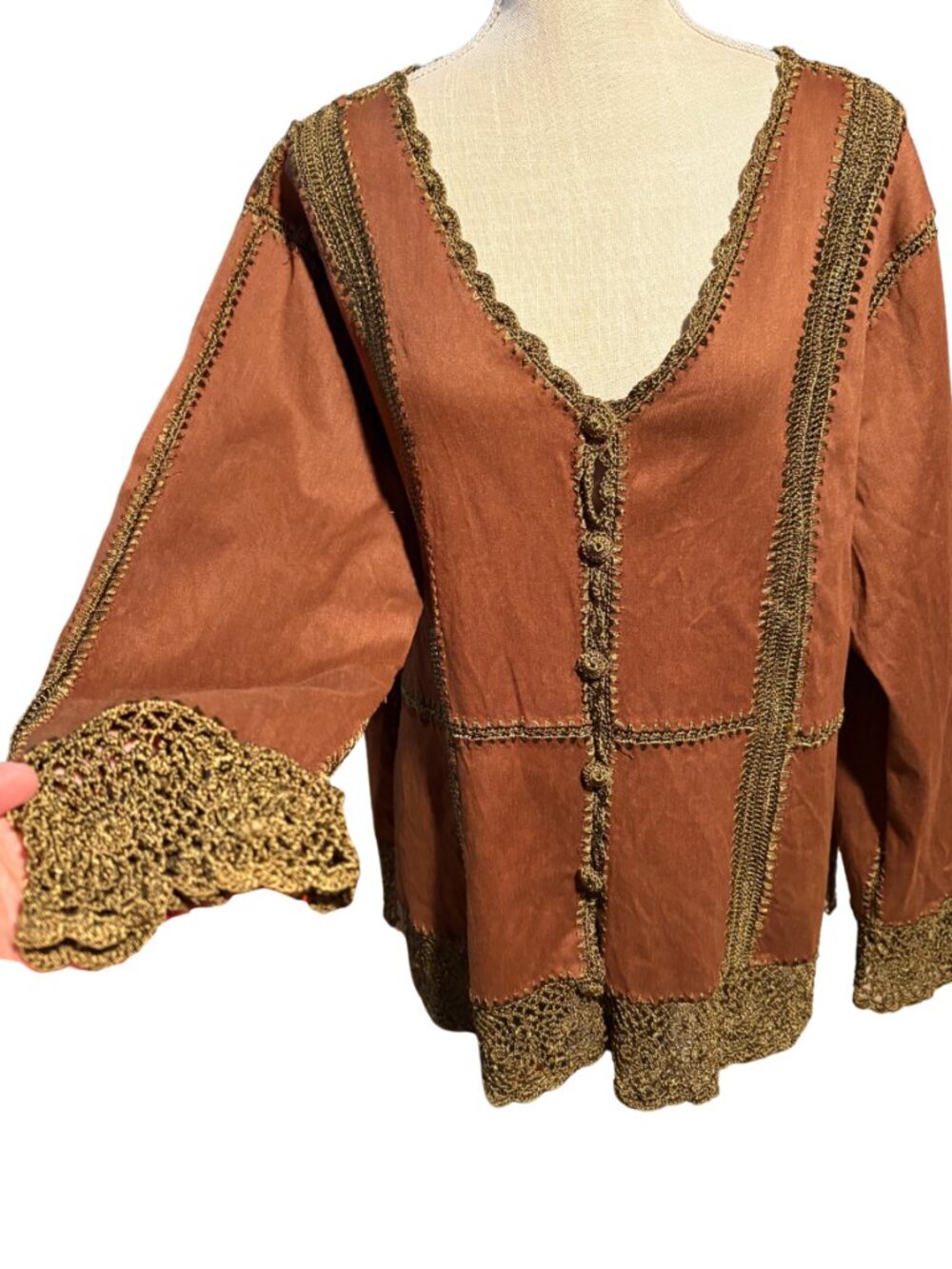 Ashley Stewart Y2K Boho Silk Blend Crochet Trim Jacket Cardigan Renaissance S 16